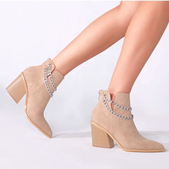 Faux Suede Classic V Cut Pointed Toe Stacked Mid Heel Boots Double Ankle Chain - Picture 1 of 11